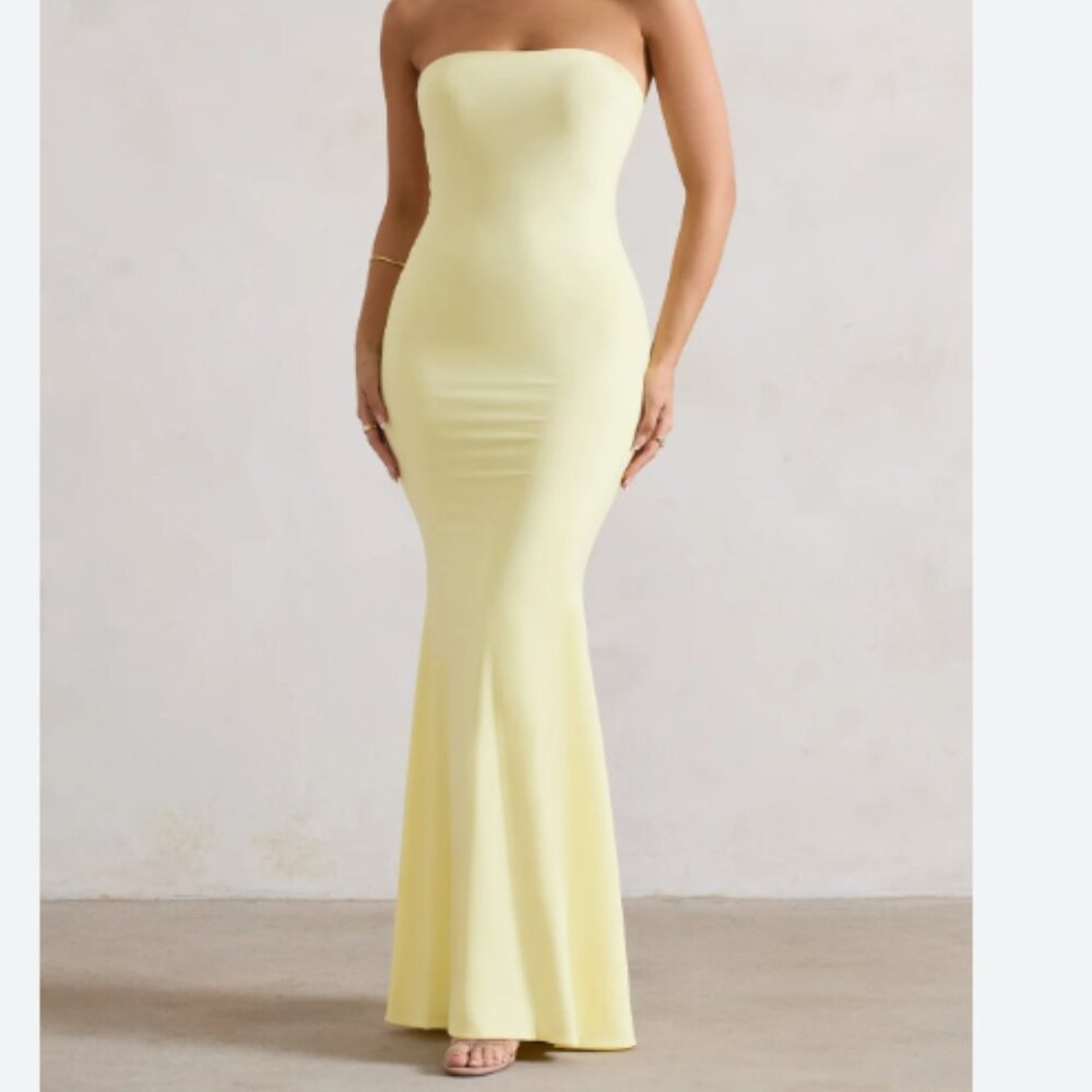 Club L London CEREMONY LEMON BANDEAU FISHTAIL MAXI DRESS